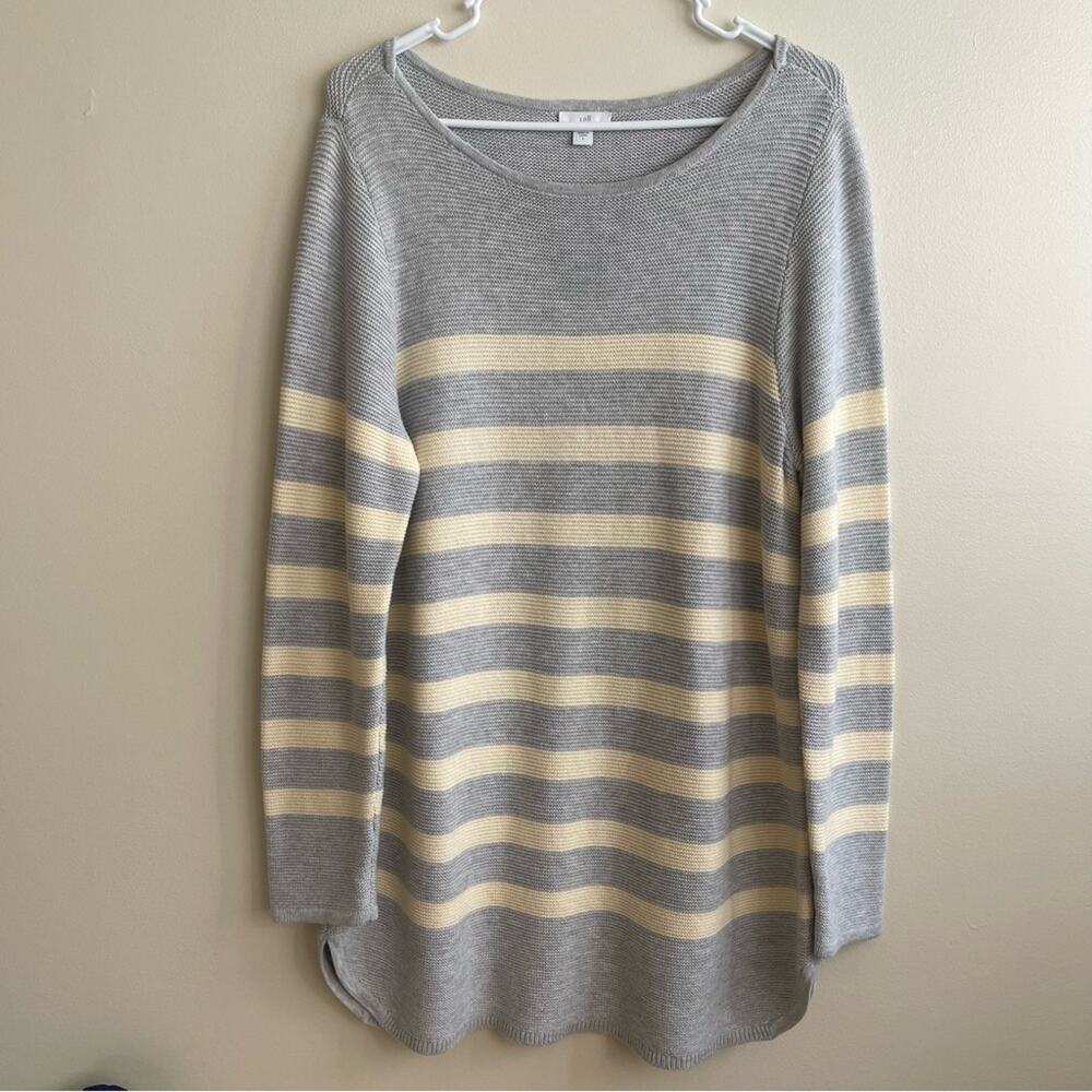 J. Jill Gray Butter Yellow Striped Bateau Neck Knit Sweater Tunic Size L Coastal